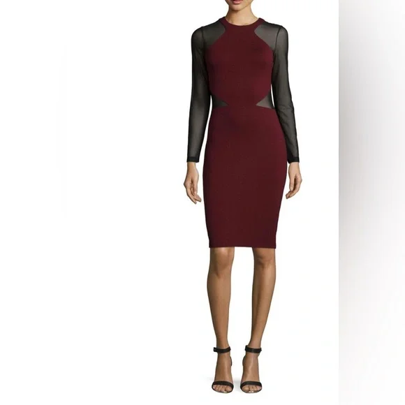 French Connection | Dresses | French Connection Vivien Dress Burgundy And  Black Mesh Long Form Fitting Dress | Poshmark